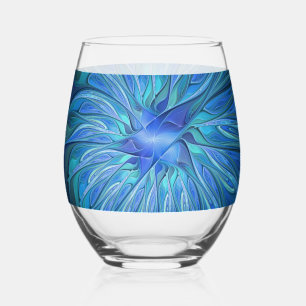 Blue Flower Fantasy Pattern, Abstract Fractal Art Stemless Wine Glass