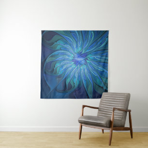 Blue Flower Fantasy Pattern, Abstract Fractal Art Tapestry