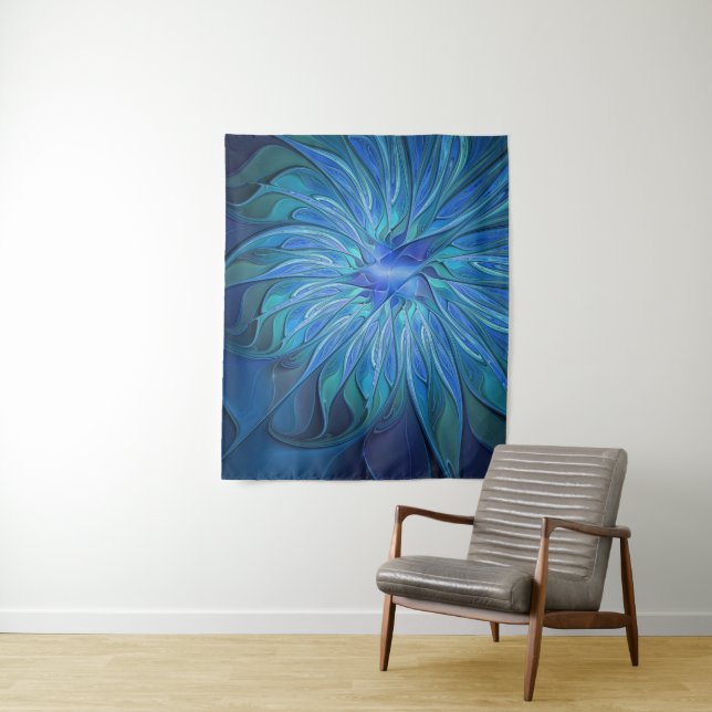 Blue Flower Fantasy Pattern, Abstract Fractal Art Tapestry (In Situ)