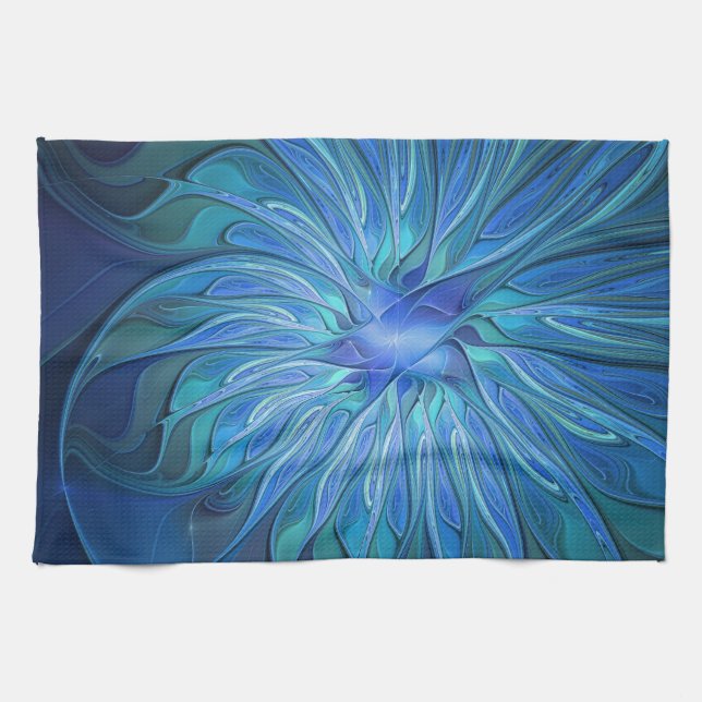 Blue Flower Fantasy Pattern, Abstract Fractal Art Tea Towel (Horizontal)