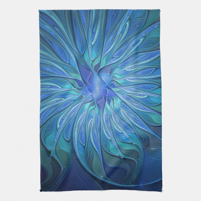Blue Flower Fantasy Pattern, Abstract Fractal Art Tea Towel (Vertical)