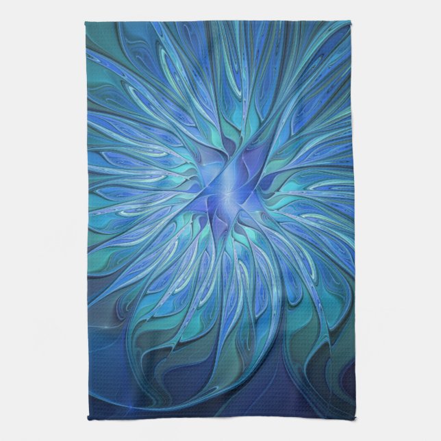 Blue Flower Fantasy Pattern, Abstract Fractal Art Tea Towel (Vertical)