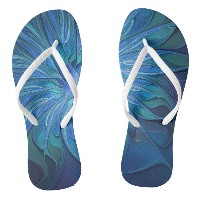 Blue Flower Fantasy Pattern, Abstract Fractal Art Thongs (Footbed)