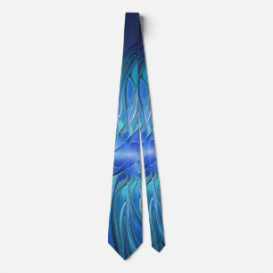 Blue Flower Fantasy Pattern, Abstract Fractal Art Tie