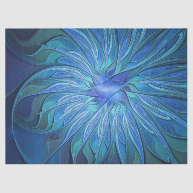 Blue Flower Fantasy Pattern, Abstract Fractal Art Tissue Paper (Front)