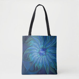 Blue Flower Fantasy Pattern, Abstract Fractal Art Tote Bag