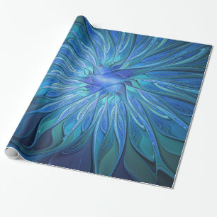 Blue Flower Fantasy Pattern, Abstract Fractal Art Wrapping Paper