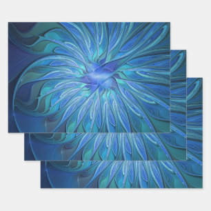 Blue Flower Fantasy Pattern, Abstract Fractal Art Wrapping Paper Sheet