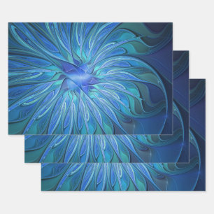 Blue Flower Fantasy Pattern, Abstract Fractal Art Wrapping Paper Sheet