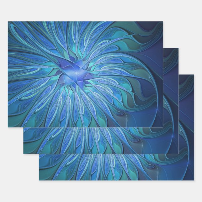 Blue Flower Fantasy Pattern, Abstract Fractal Art Wrapping Paper Sheet (Set)