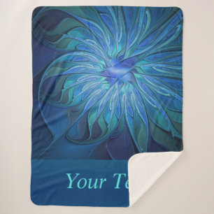 Blue Flower Fantasy Pattern, Text Abstract Fractal Sherpa Blanket