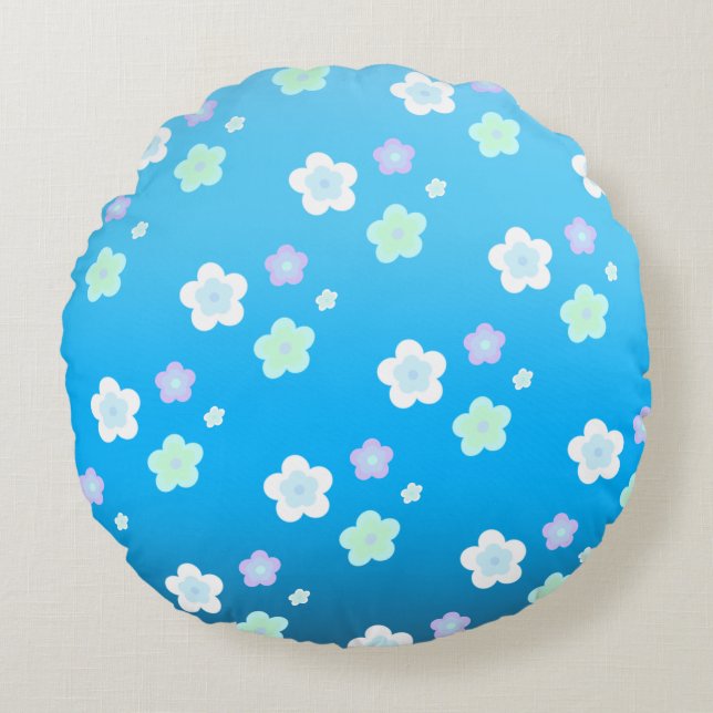Blue Flower floral Gradient colourful Pattern Round Cushion (Front)
