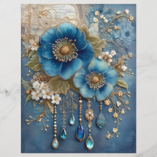 Blue Flower Gems Junk Journal Scrapbook Paper (Front)