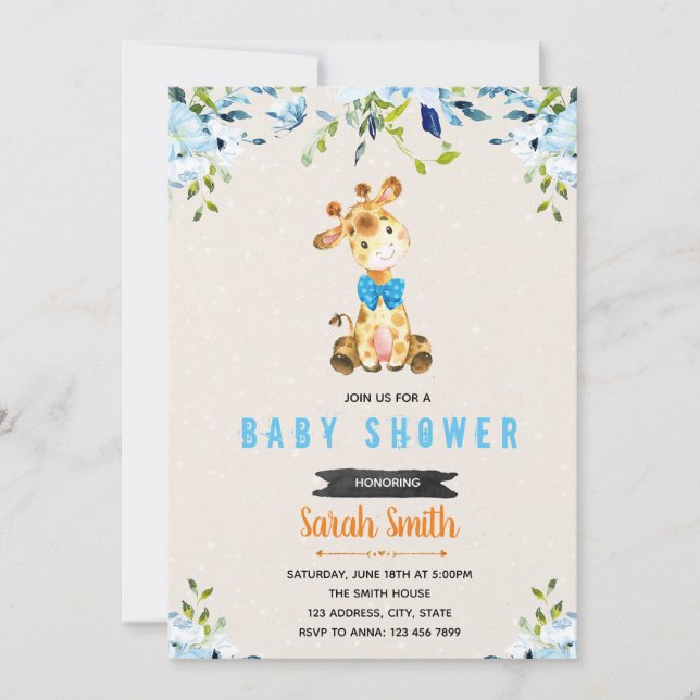 Blue flower giraffe theme invitation (Front)
