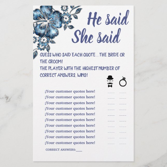 BLUE FLOWER HE SAID SHE SAID SHOWER GAME CARD (Front)