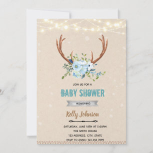 Blue flower horn deer shower invite