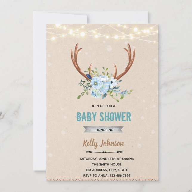 Blue flower horn deer shower invite (Front)