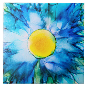 Blue Flower in Alcohol Inks Ceramic Tile
