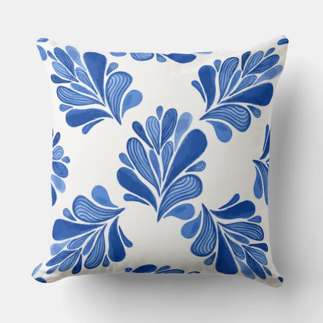 Blue Flower Leaf Throw Pillow (Front)