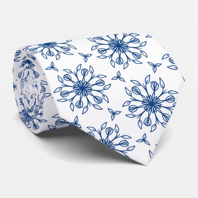 Blue flower line art Neck Tie (Rolled)