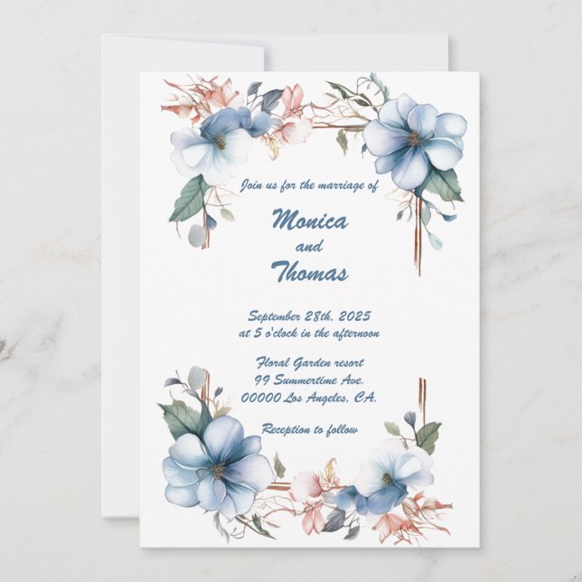 Blue Flower Lines: Personalized Wedding Invitation (Front)