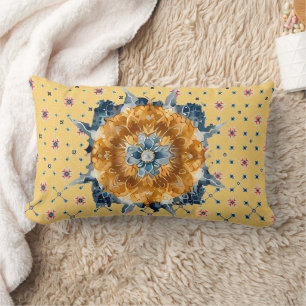 Blue Flower Mandala, Yellow Lumbar Cushion