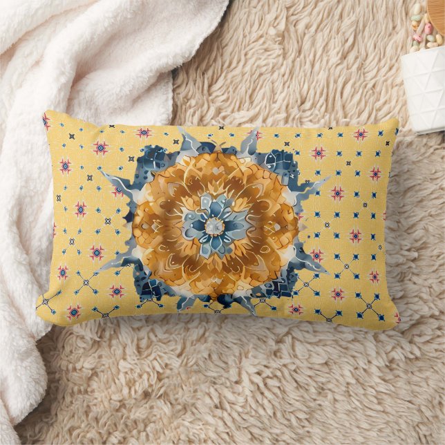 Blue Flower Mandala, Yellow Lumbar Cushion (Blanket)