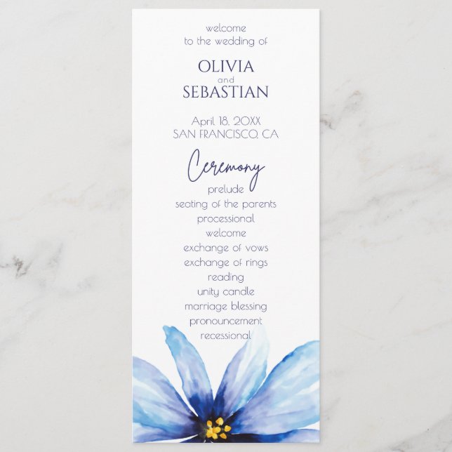 Blue Flower Minimalist elegant wedding Program (Front)