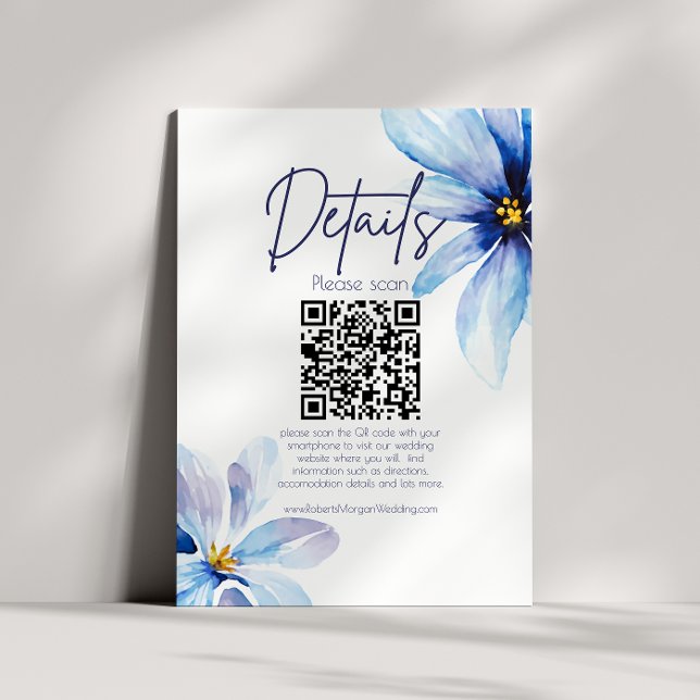 Blue Flower Minimalist QR CODE Wedding Details Enclosure Card (Creator Uploaded)