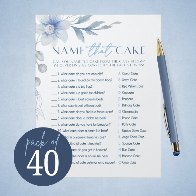 Blue Flower Name The Cake Bridal Shower Game Pack Notepad (Beautiful Blue Watercolor Floral Name That Cake Bridal Shower Game Pack of 40 Games)