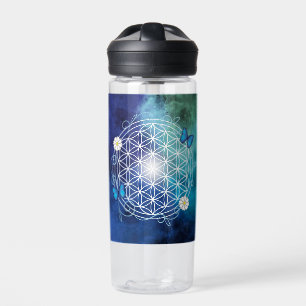blue, flower of life, sacred geometric,mandala,zen water bottle