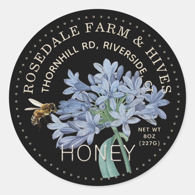 Blue Flower on Black Honey Label with Honeybee (Front)