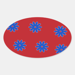 Blue flower on red oval sticker