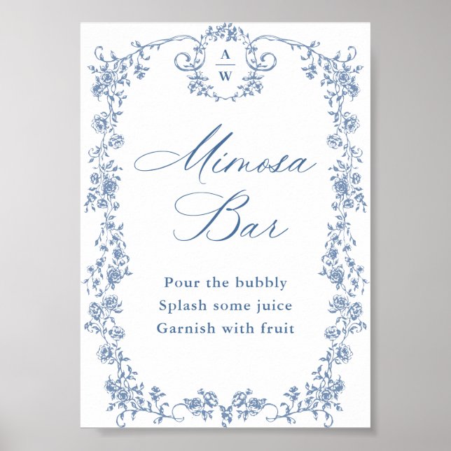 Blue Flower Ornate Victorian Grace Mimosa Bar Sign (Front)