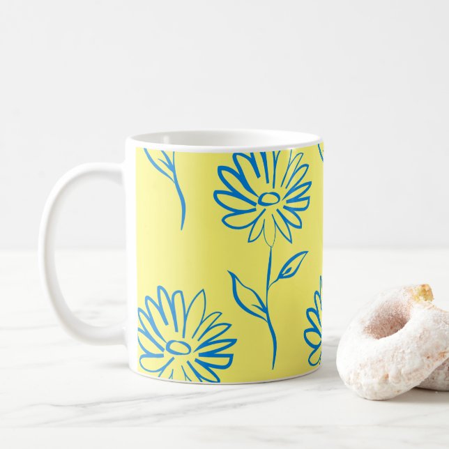 Blue Flower Outline In A Yellow Background Coffee Mug (With Donut)
