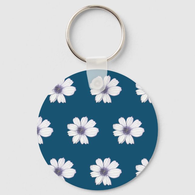 Blue flower pattern Button Key Ring (Front)