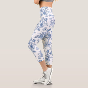 Blue Flower Pattern Capri Leggings
