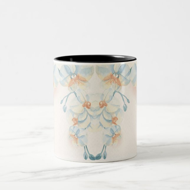 Blue flower pattern on beige background  Two-Tone coffee mug (Center)