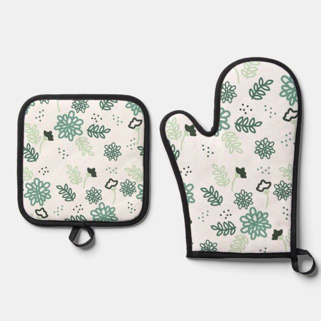Blue Flower Pattern Oven Mitt & Pot Holder Set (Front)