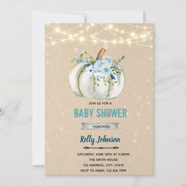 Blue flower pumpkin shower invitation (Front)
