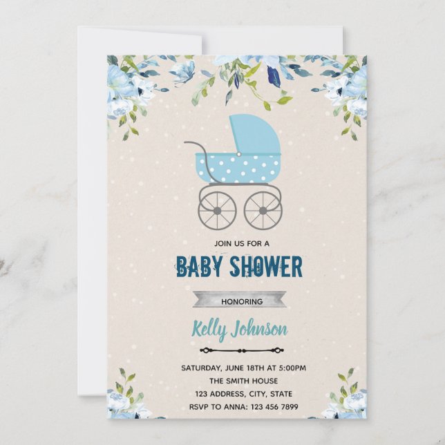 Blue flower stroller theme invitation (Front)