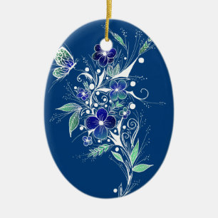 Blue Flower Tattoo Ceramic Ornament