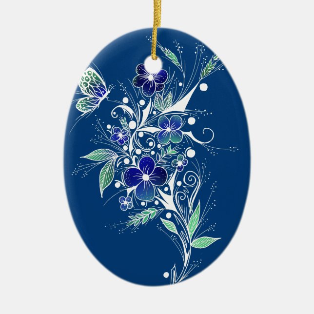 Blue Flower Tattoo Ceramic Ornament (Front)