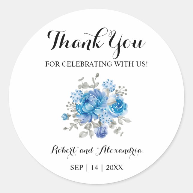 Blue Flower Thank You for Coming Wedding Classic Round Sticker (Front)
