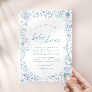Blue flower Toile de Jouy Baby Shower Invitation