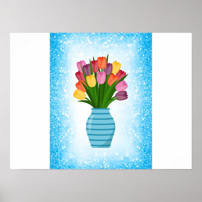 Blue Flower Vase with colourful Tulips with Border Poster (Front)