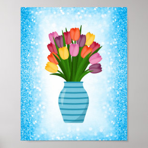 Blue Flower Vase with colourful Tulips with Border Poster