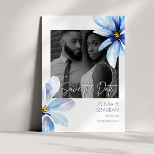 Blue Flower Watercolor Black white Photo Wedding Save The Date