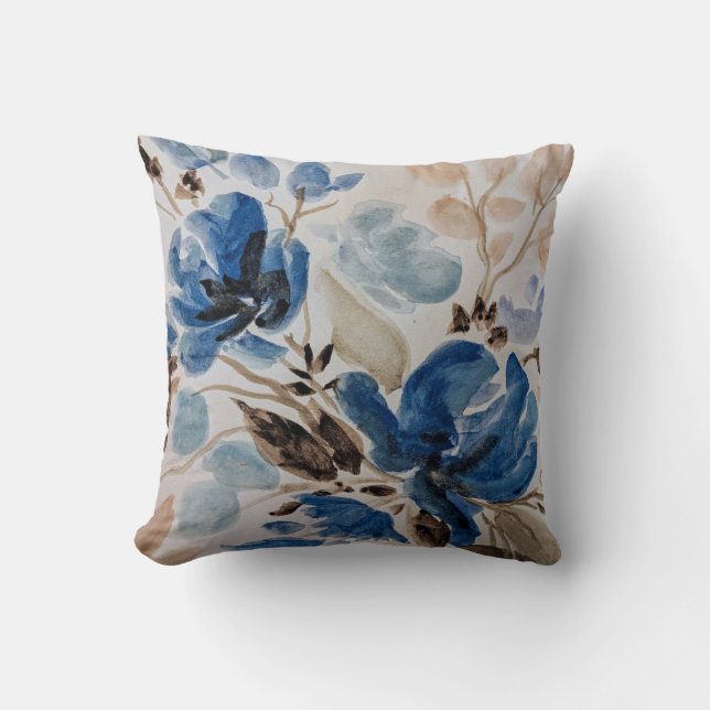 Blue Flower Watercolor Print Pillow (Front)