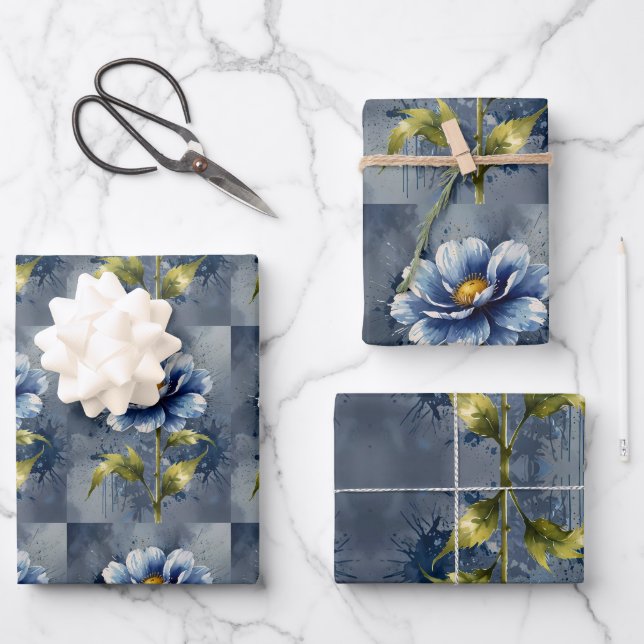 Blue flower watercolour pattern wrapping paper sheet (Front)